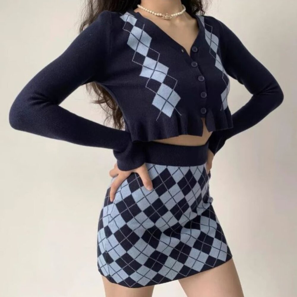Korean style plaid top and skirt set